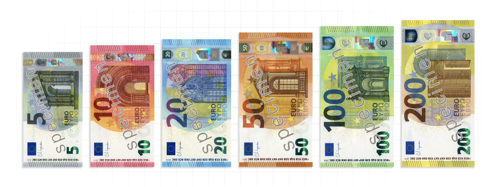 Všech šest nominálních hodnot eurobankovek je vyobrazeno svisle vedle sebe. Bankovky jsou seřazeny ve vzestupném pořadí podle velikosti a nominální hodnoty – od nejmenší (5 €) po největší (200 €).